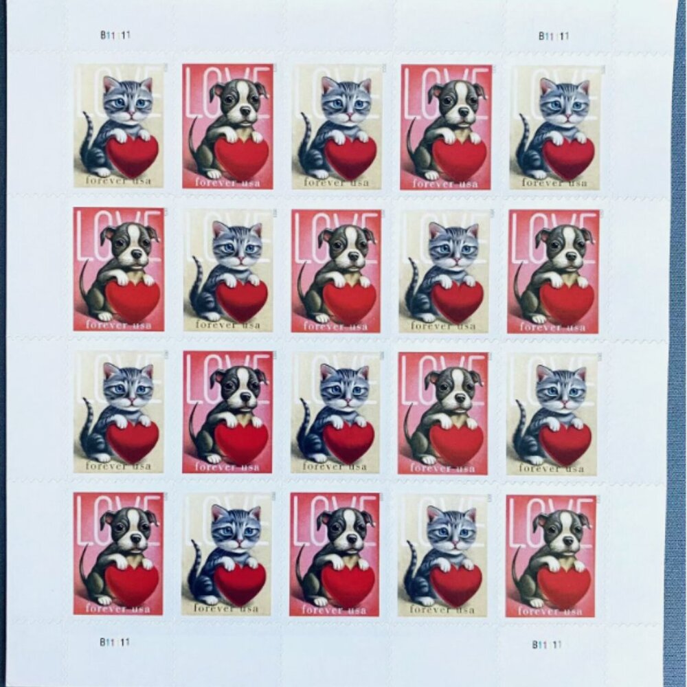 LOVE 2023 Sheet of 1000 USPS Puppy & Kitten US Forever Stamps